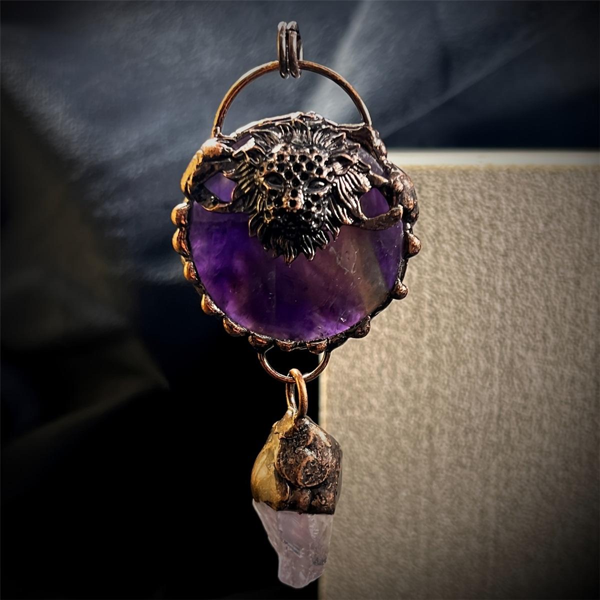 Disc Lion Head Amethyst Natural Stone Necklace, Good Luck Healing Meditation Energy Quartz Crystal Pendant