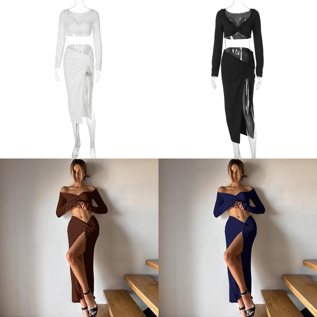 Streetwear Womens Long Sleeve V Neck Dress Set With Slit And Splicing For Casual Style