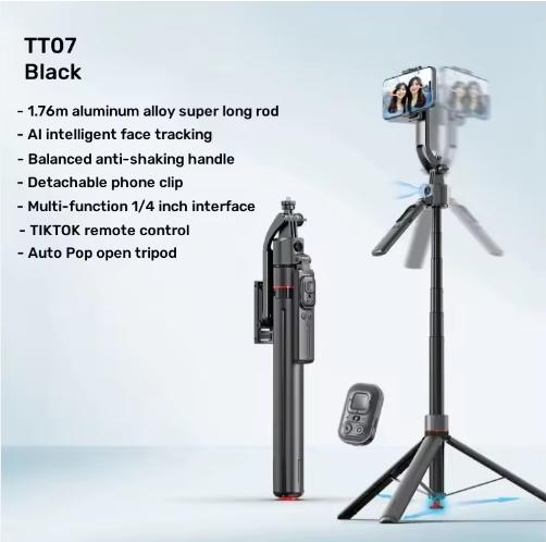 TT07 Telescopic Selfie Stick 1760mm Tripod with AI Face Tracking 360 Degrees Rotation Wireless Remote Control for Phone
