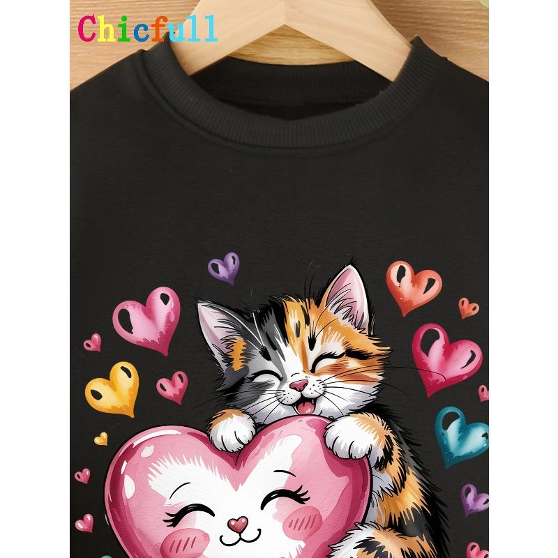 European sizes Valentine'S Day Kids Cartoon Cat Heart Print Cute Fashion Spring Autumn Long Sleeve Sweatshirt