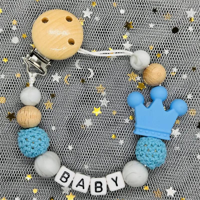 NEUER Individuell Personalisierter Name Schnullerkette Handgefertigte Buchenholz-Kette Silikon-Kronenhalter Schnuller Baby Zahnungsspielzeug Kauspielzeug Geschenk