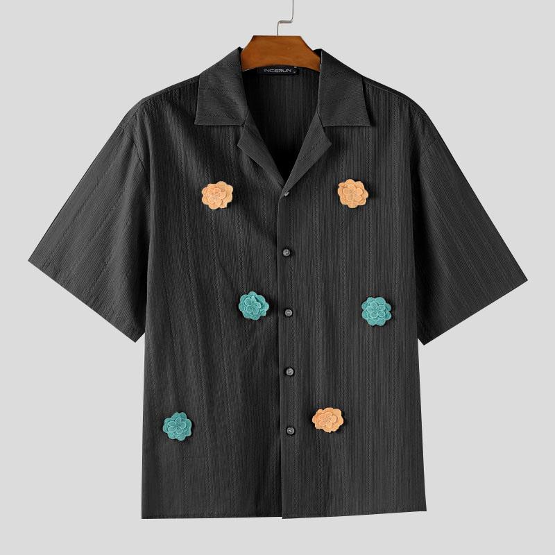 

INCERUN Oversized Men Casual Loose Short Sleeve Lace 3D Flowers Semi-Sheer Shirts