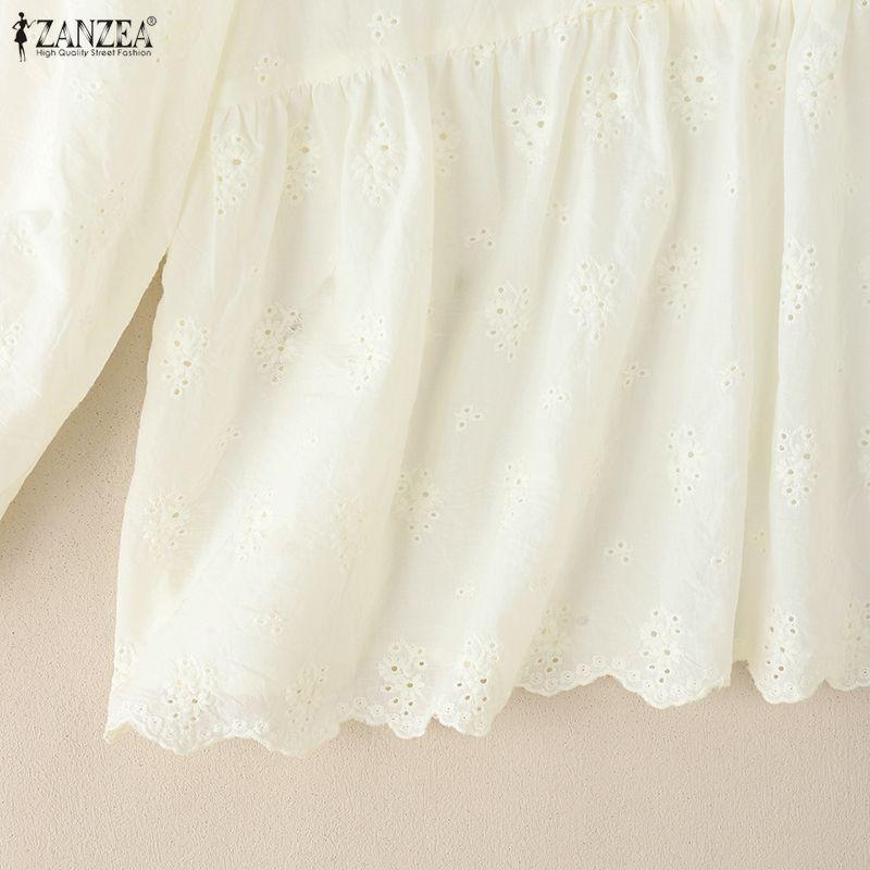 ZANZEA Women Casual V Neck Long Sleeve Crochet Patchwork Loose Blouse