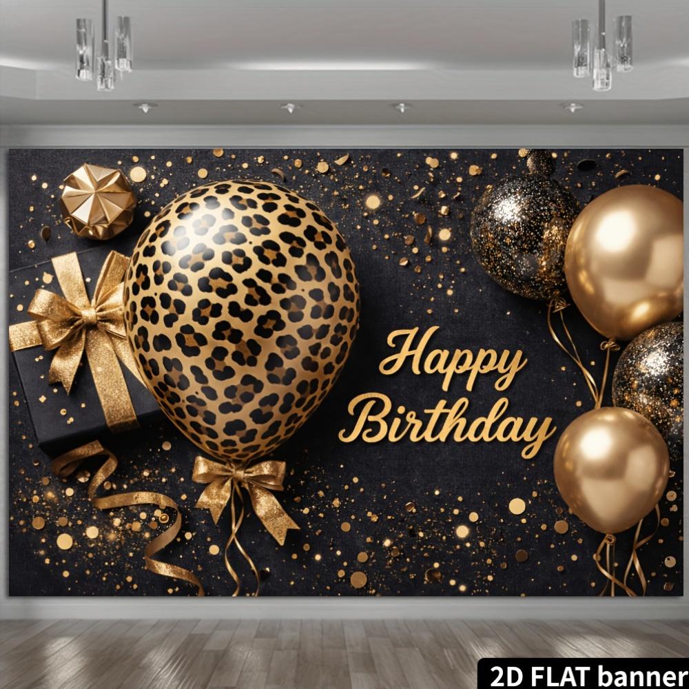 2D Ebene Schwarz Gold Leopard Muster Ballon Geburtstag Hintergrundtuch - Goldener "Happy Birthday" Text
