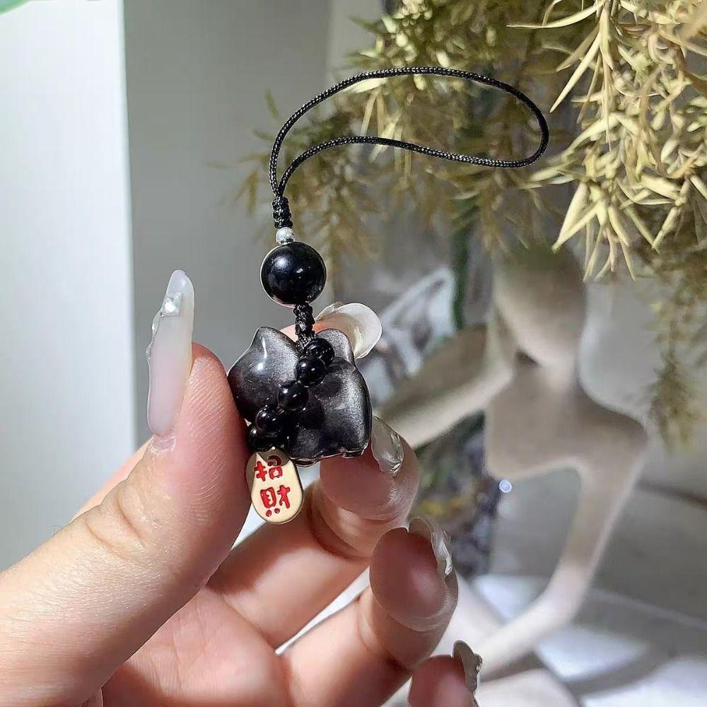 Bag Charms Lucky Cat Keychain Silver Obsidian Cat Car Key Ring Braid Rope Pendant  Couple