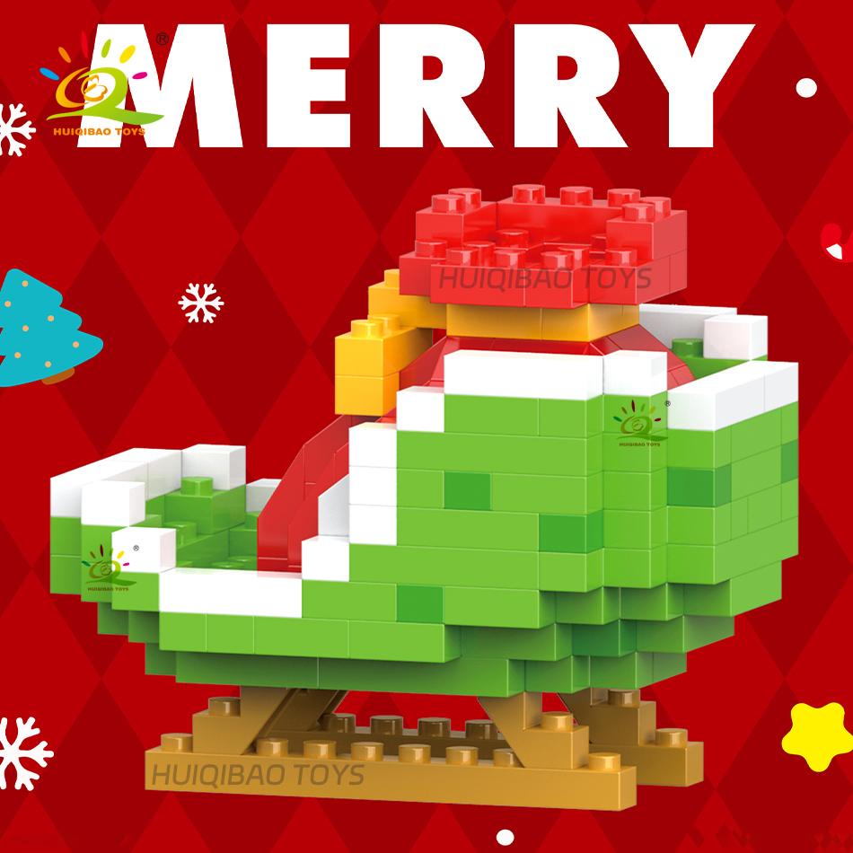 HUIQIBAO Mini Christmas Tree Santa Claus Children Train Model Micro Bricks Building Block Snowman Elk Bricks Toys New Year Gift