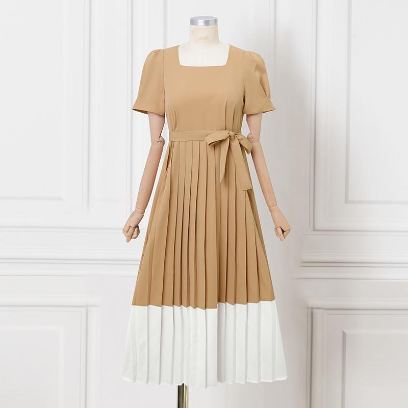 VONDA Elegant Women Casual O Neck Front Pleating Stitching Long Office Dress