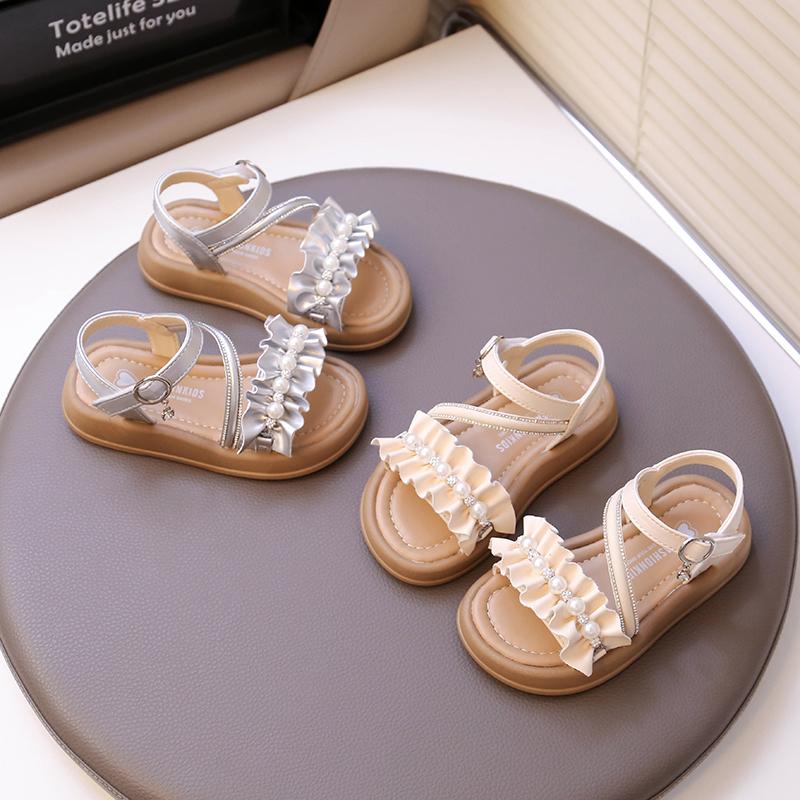 Kids Beach Shoes Open Toes Sweet Folds Children Princess Shoes Beading Elegant 2025 Summer New Girls Sandals Hook&loop