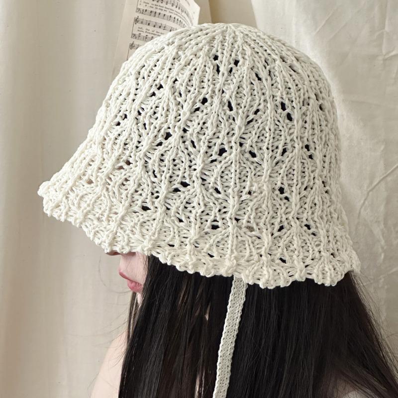 Japanese Hollow Knitted Lace Up Hat for Women's Spring and Summer Sun Shading and Sun Protection Hat Breathable Face Enhancing Small Bucket Hat