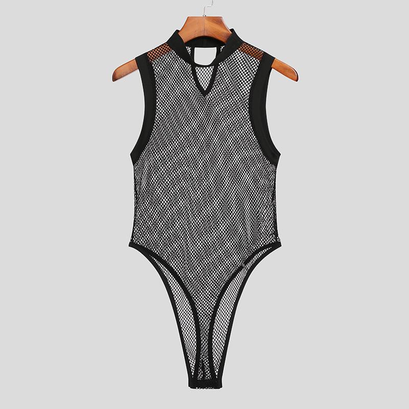 INCERUN Summer Sexy Gym Muscle Men's Fashion See Through Mesh Sleeveless Jumpsuit Singlet Panties Underwear Sweat Suit
