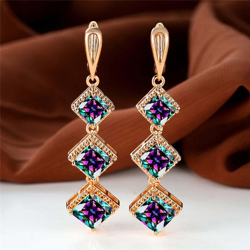 Náušnice s klipom v ružovozlatom prevedení s kamienkami v farbe birthstone, modrý zirkónový kameň, dlhé visacie, svadobné, pre ženy