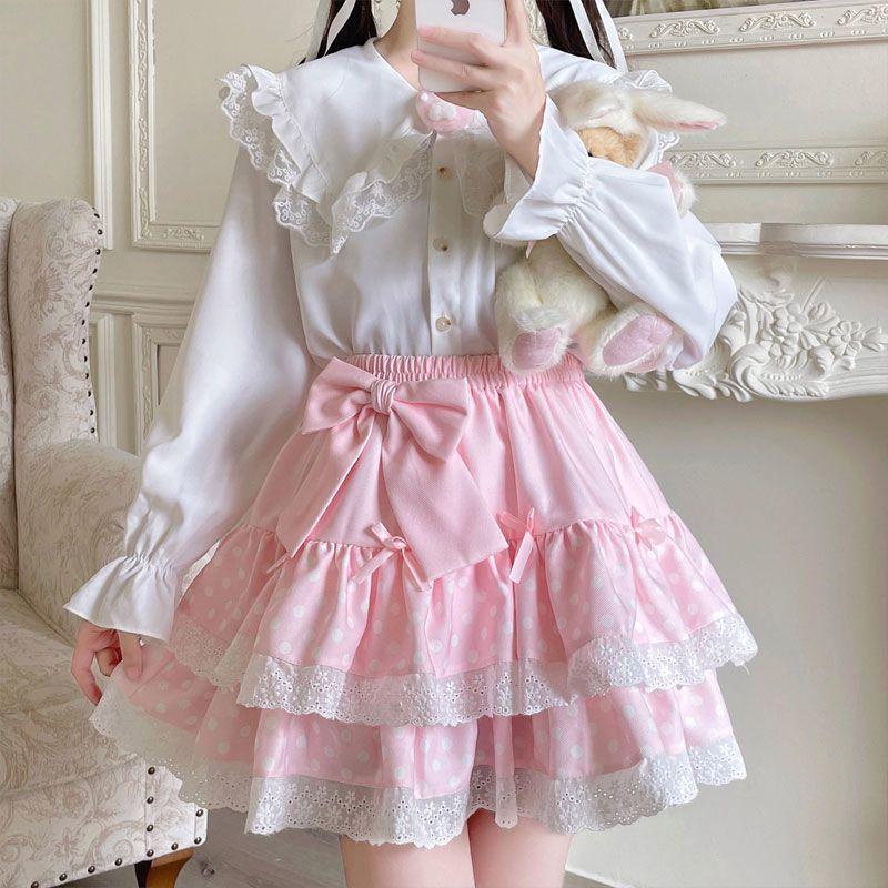 Vintage Harajuku Lolita Style Mini Skirt Women Kawaii Polka Dot Bow Lace Cake Pink Skirt Gothic Cute Sweet Schoolgirl Y2k Skirts