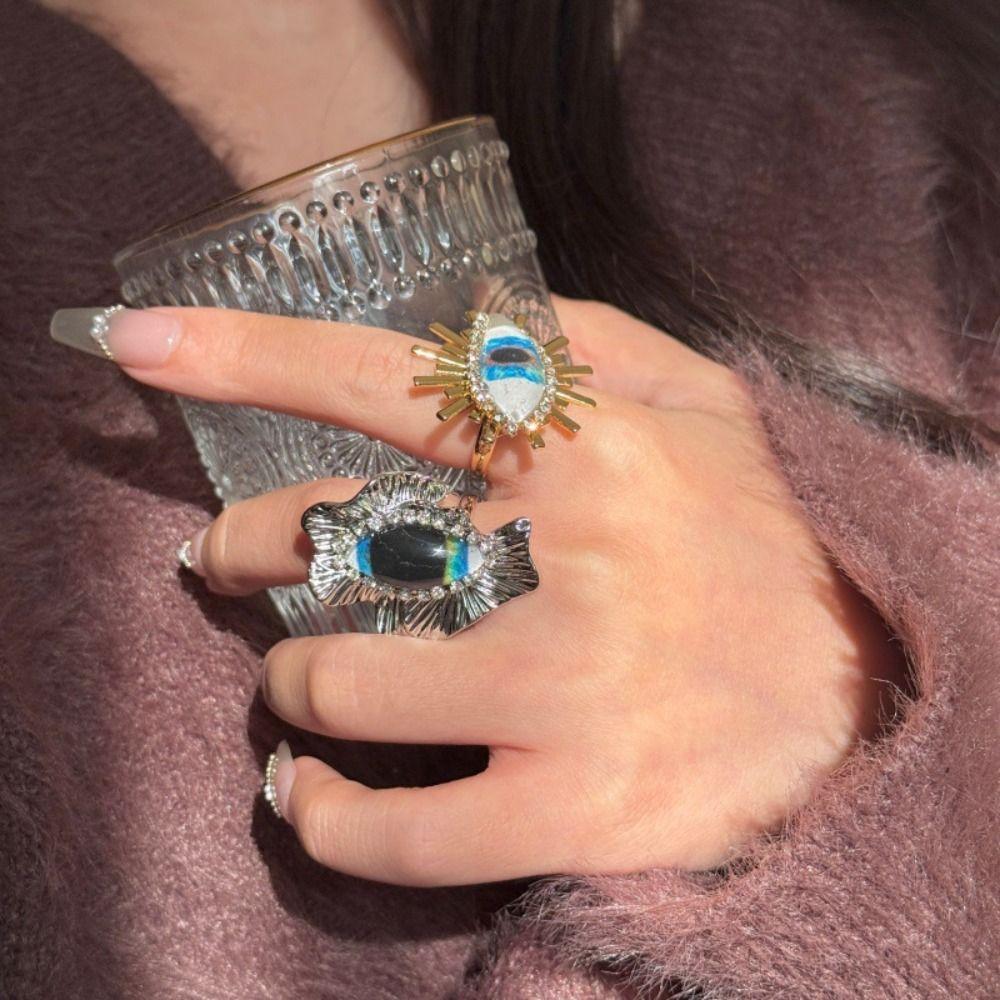 Blue Eyes Exaggerated Ring Y2K Vintage Gold Ring Personality Demon Eye Ring  Decoration