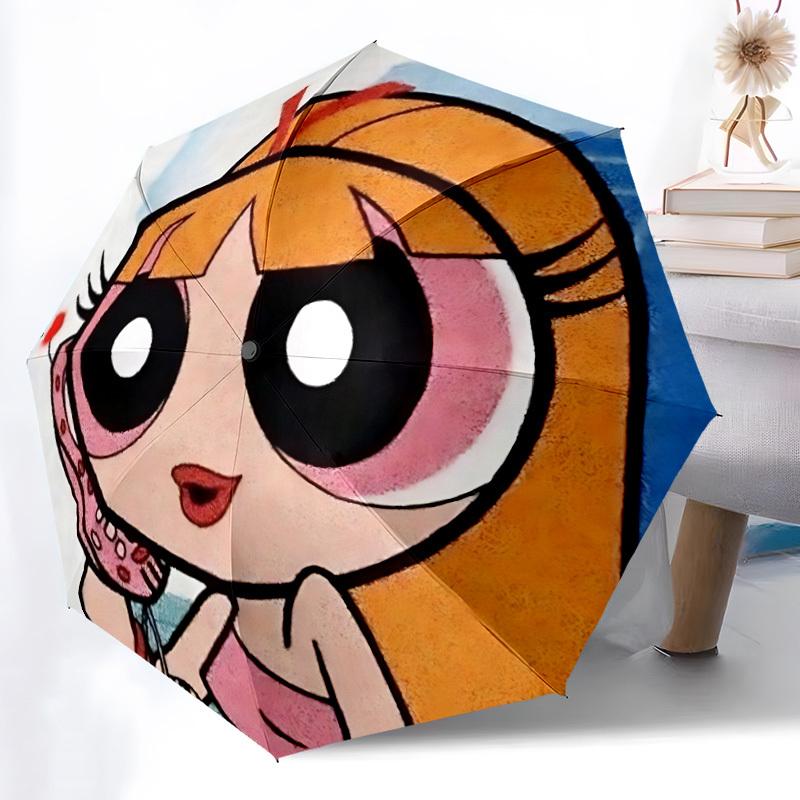 Powerpuff Girls Characters Automatic Folding Windproof Umbrella with Sturdy Iron Frame, Portable Compact Travel Umbrella All-Season Use Parties