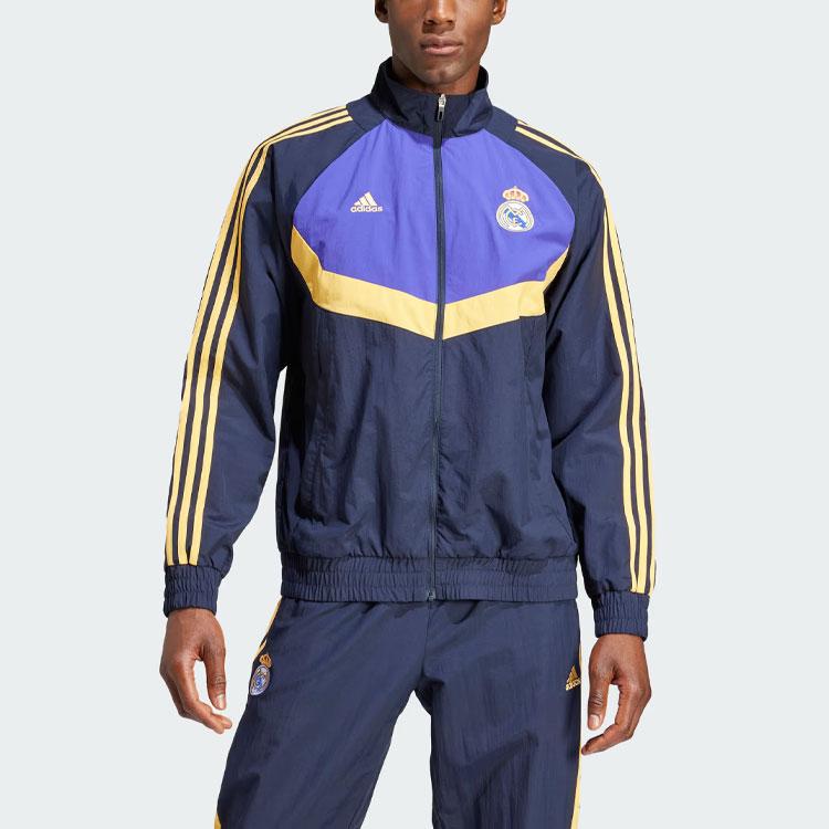 New Adidas Real Madrid Woven Track Top Retro Sports Stand Collar Jackets Men's Ink Blue IU2078