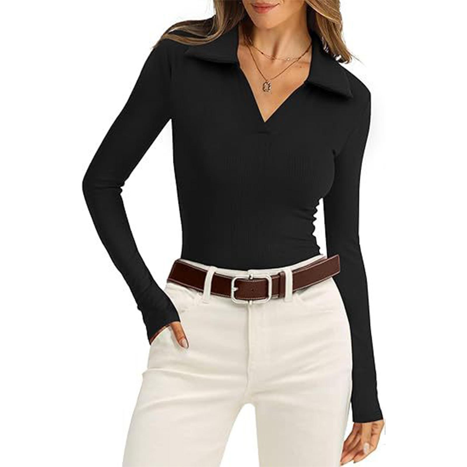 Women s Long-sleeved V-neck Shirt, Business Casual Slim-fit Knitted Top L чёрный