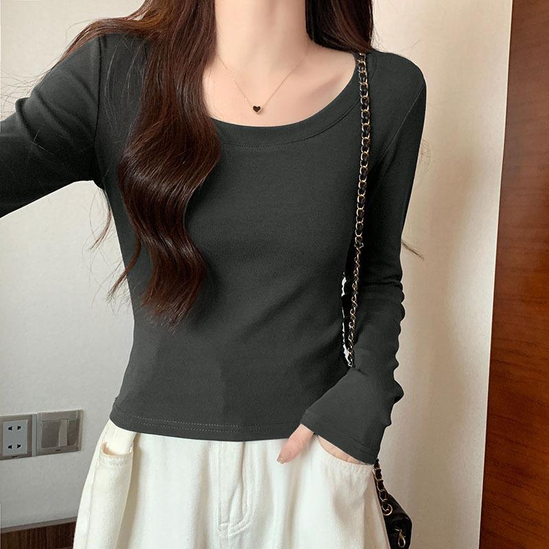 

Футболка из чистого хлопка с круглым вырезом и прямыми плечами для женщин, с длинными рукавами, весна и осень, новая эластичная облегающая базовая рубашка XL