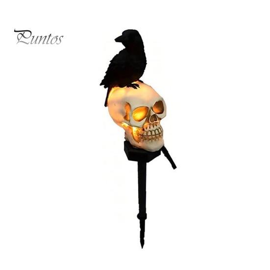 Horror Themed Yard Landscape Ornaments LED Solar Crow Skull Light, Waterproof Halloween Pathway Gothic Decorative Stakes for Flowerbeds on Skeleton