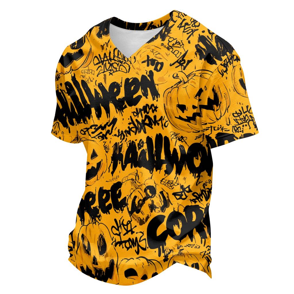 Men's Casual V Neck Lightweight Breathable Short Sleeve Top Halloween Pumpkin Scarecrow Print Summer Tee Shirt for Everyday Wear