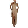 New European and American sexy asymmetrical shoulder dress, sleeveless, slim-fit, hip-hugging dress, ruffled with irregular slits