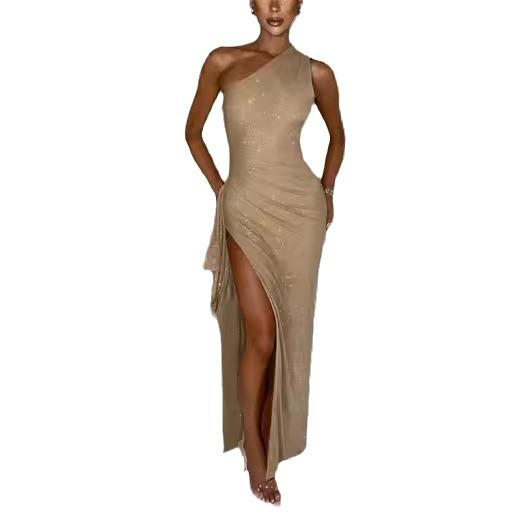 New European and American sexy asymmetrical shoulder dress, sleeveless, slim-fit, hip-hugging dress, ruffled with irregular slits
