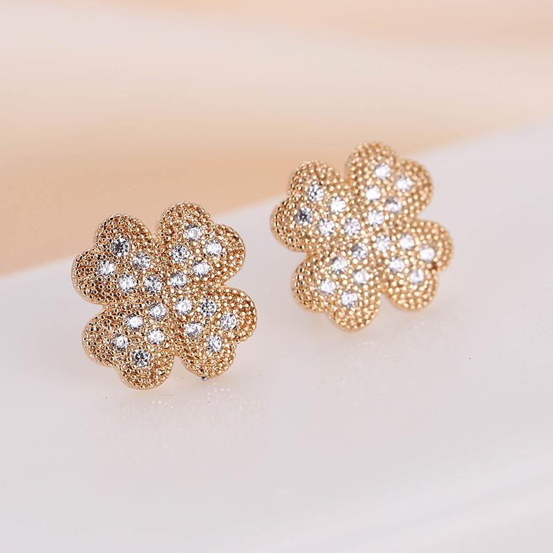 Fashion Four-Leaf Clover Diamond Stud Earrings - Elegant Women s Copper Style