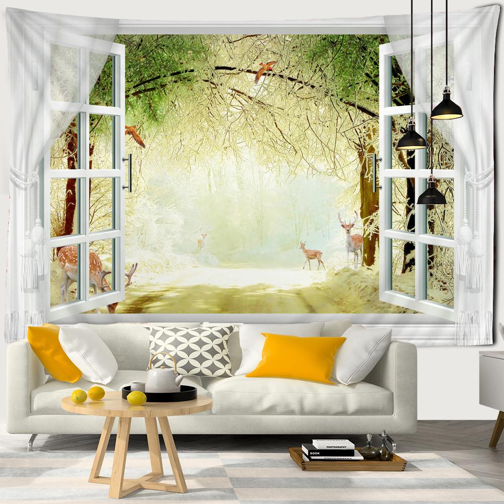 3D Window Scenery Decoration Tapestry Hippie Wall Bohemian Style Decoration Tapestry Bedroom Dormitory Wall Tapestries