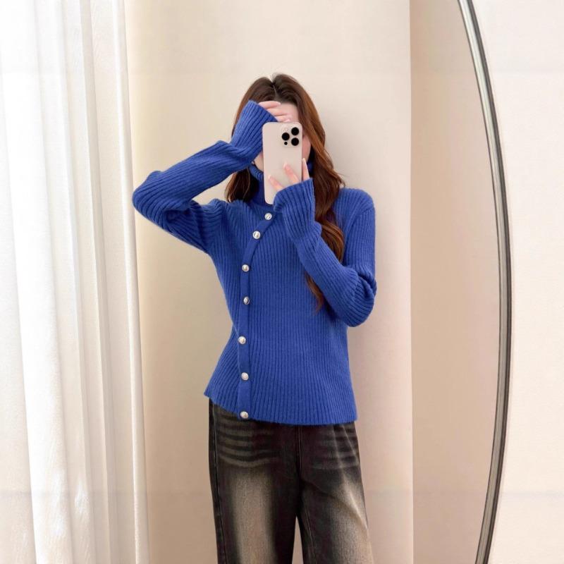 Autumn Winter High Collar Vintage Solid Bottomed Sweater Women Loose Casual Knitting All-match Button Pullover Top