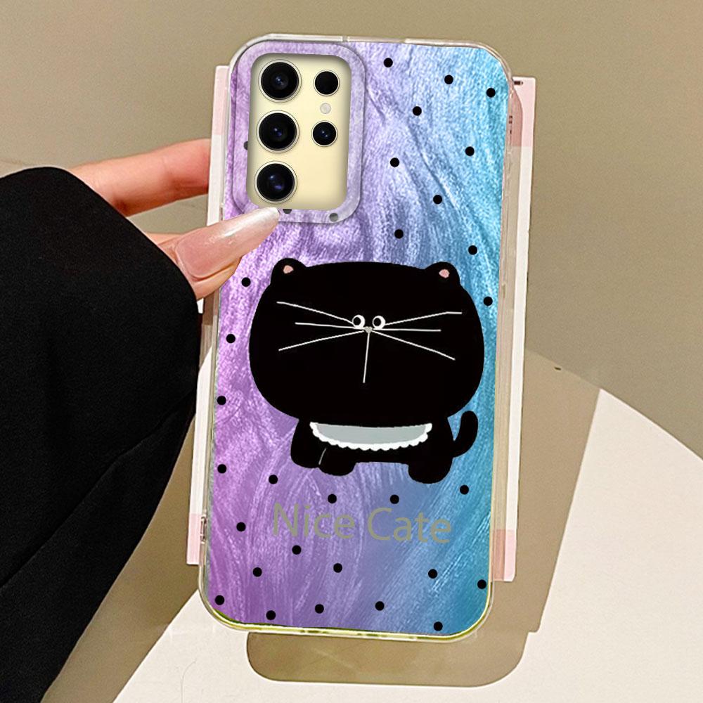 Big Headed Black Cat Circular Dots Phone Case for Samsung Galaxy S25 S24 S23 S22 S21 FE Plus Ultra Shell Silicone Back TPU Cover