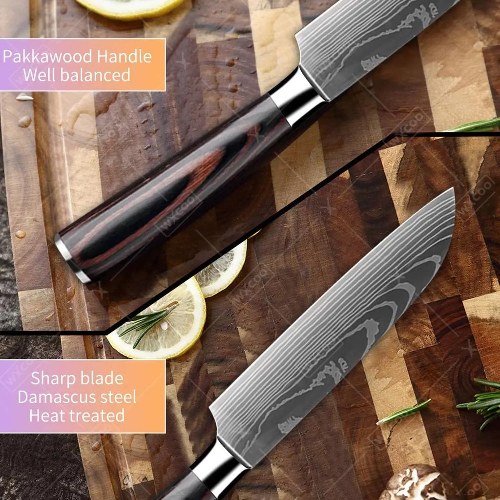 WXCOO Kitchen Professional Chef Knife Japanese Santoku Laser Damascus Pattern Meat Vegetable Fruit Cooking Utility Knife