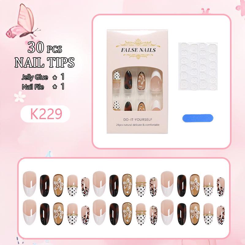 30-Piece European & American Short Style Polka Dot Floral French Almond False Nail Stickers