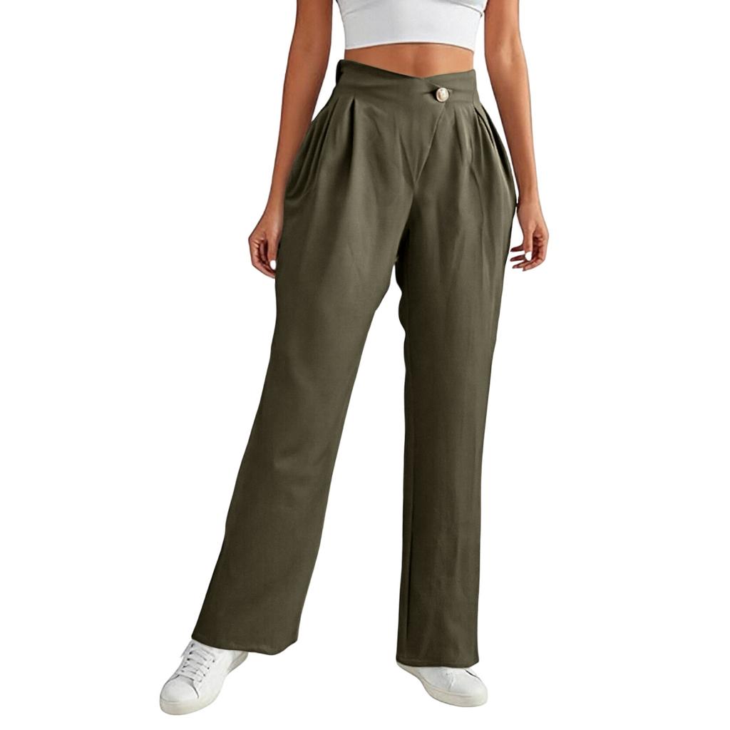 Women's Casual And Stylish Color Button Wide,leg Trousers