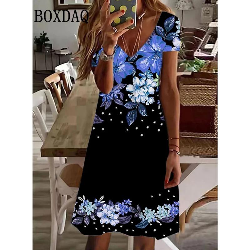 Women's Casual Dress Summer Beach Floral Print V Neck Short Sleeve Dress Fashion Casual Daily Holiday Loose Plus Size Dress