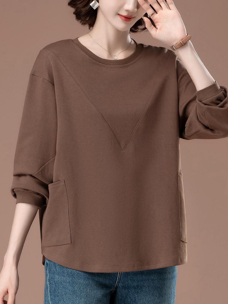 Plus Size Solid Color Long-Sleeve Shirt for Middle-Aged Women - Versatile Slimming Base for Spring & Autumn