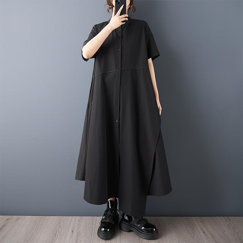 Short sleeve Plus size vintage Black new in dresses for women casual loose long summer shirt dress