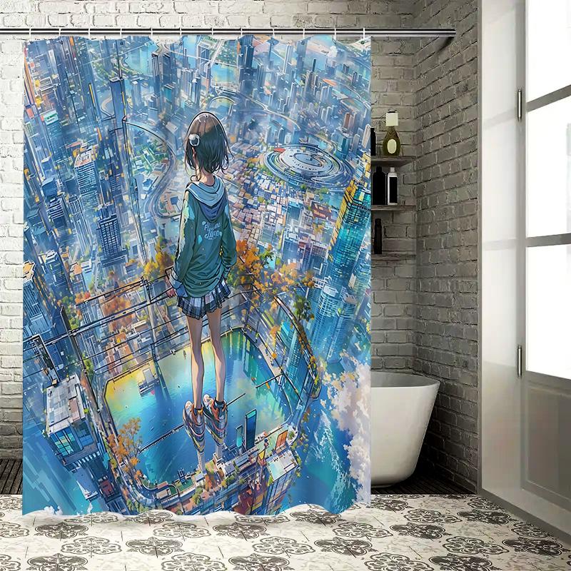 

Anime Girl Overlooking Cyberpunk City Shower Curtain Futuristic Urban Landscape Art Bathroom Decor For Trendy Home Easy-Clean W60H190(CM)-1 Pcs