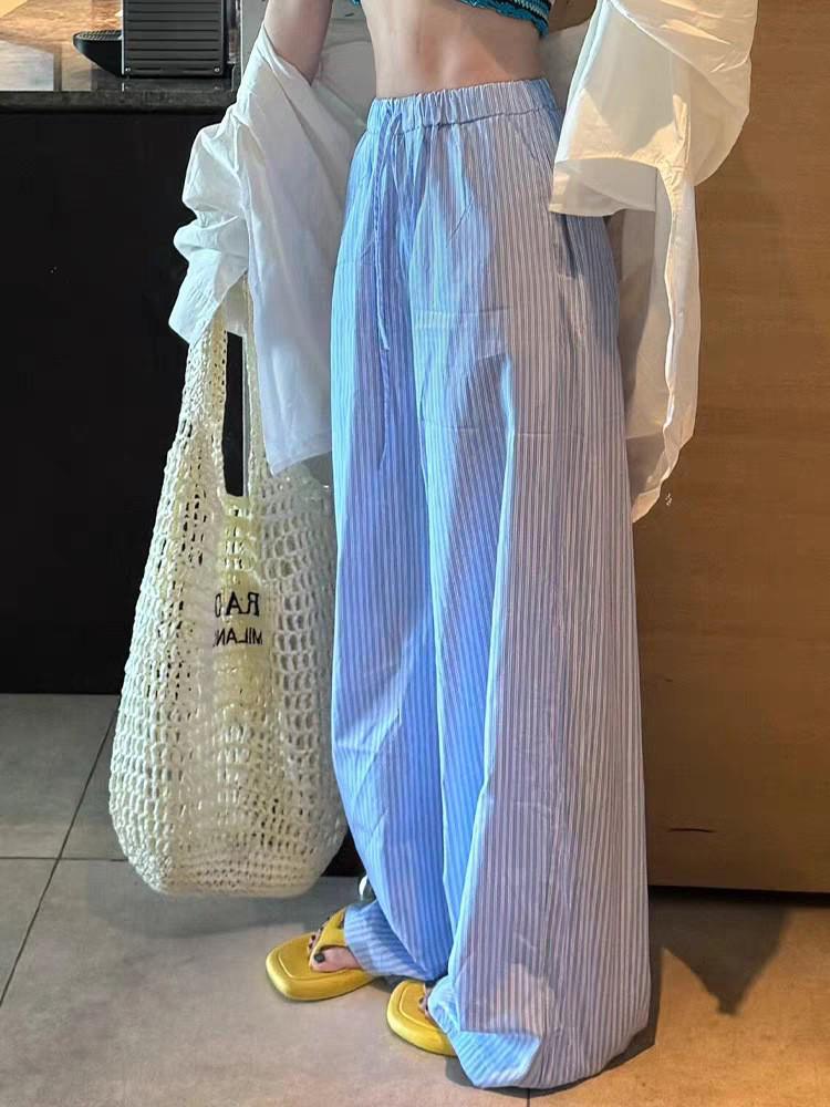 Summer 2025 Blue Vertical Stripe Wide-Leg Women s Pants—High-Waisted, Loose, Floor-Length S синий