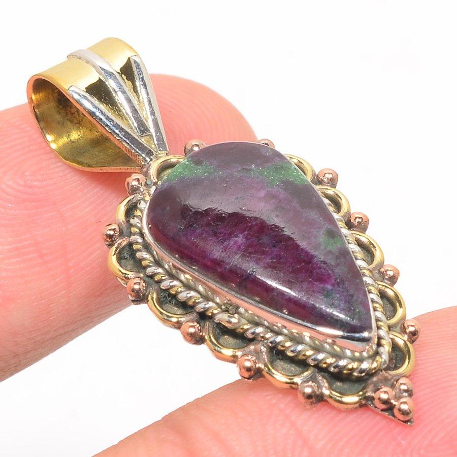Ruby In Zoisite Lab-Created 925 Sterling Silver Gift Two Tone Pendant 1.50" d9V19