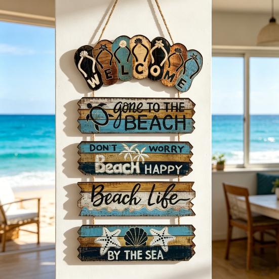 Wood Flip Flop Beach Sign, Hanging Coastal Welcome Door Sign, Vintage Rustic Farmhouse Wall Plaque for Front Door, Porch, Balcony, Summer Decor