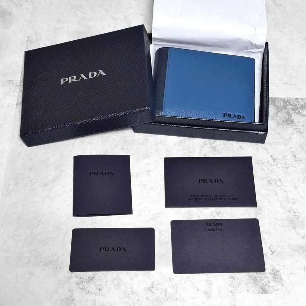 Used Excellent Condition Prada Bi-color Saffiano Leather Bifold Wallet, Blue X Navy