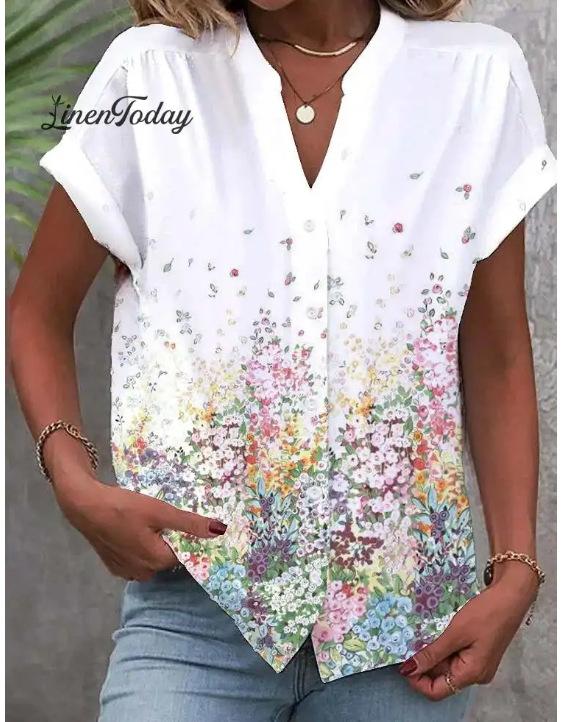 

Women s Short Sleeve V-Neck Blue Floral Leaf Print Casual Shirt 4XL