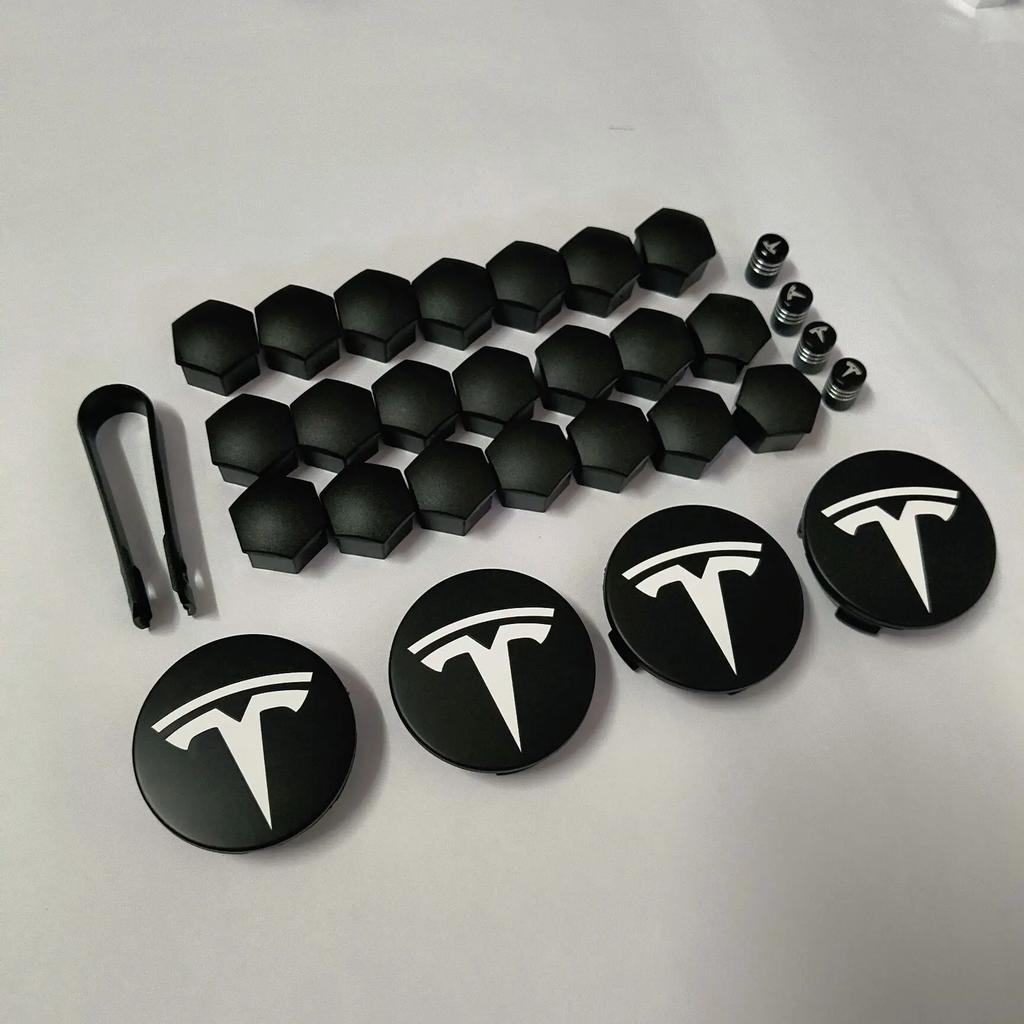 Pwmnb5 4PCS 25PCS 29PCS 56MM 57MM For Tesla Model3 ModelY Matte Black Juniper Sport Emblem Wheel Center Hub Cap Car Rims Cover Hubcaps