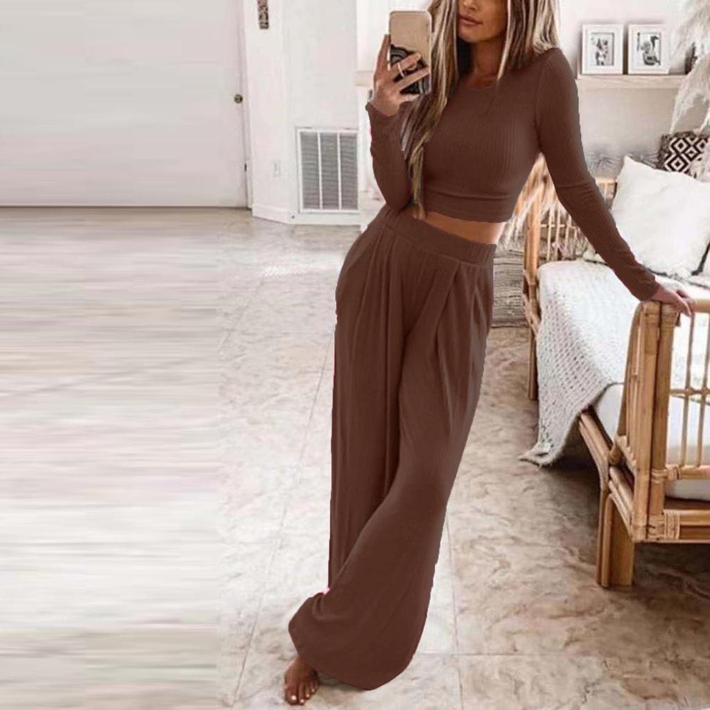 Women's Solid Color Knitted Casual Two-Piece Set - Autumn/Winter Collection
