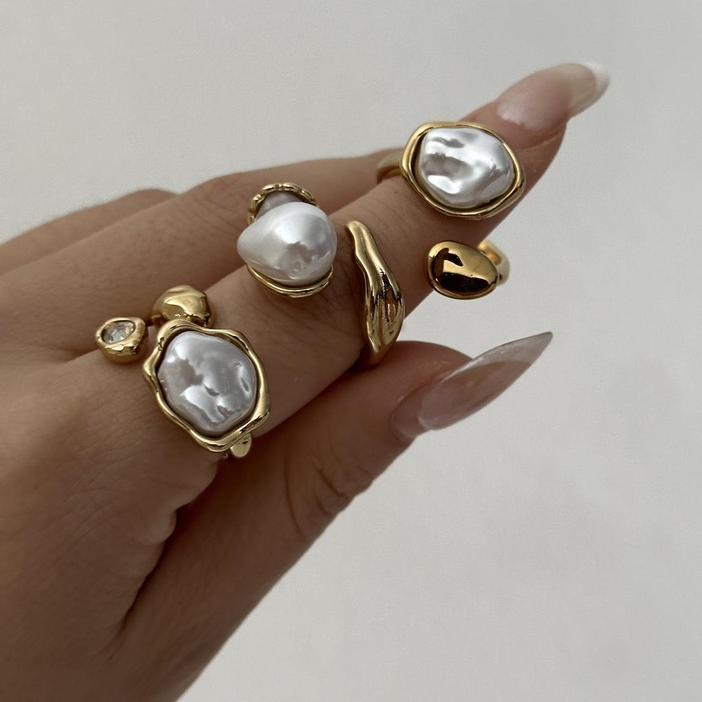 Vintage Natural Stone Stainless Steel Rings for Women Men Trendy Gold Plated Hollow Geometric Ring Finger Accessories Jewelry