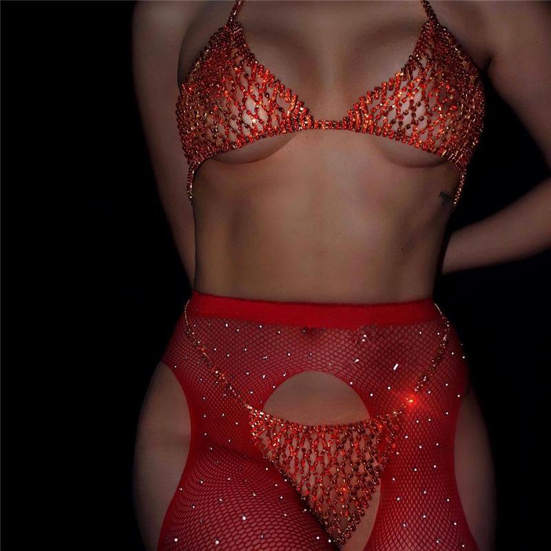Fashion Luxury Red Crystal Sexy Body Chain Set Sexy Bikini Bra Short Skirt Body Jewelry Women