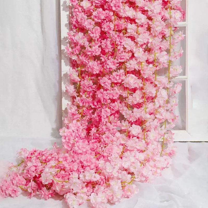 Artificial Flowers Cherry Blossoms Vines Silk Flowers Sakura Rattan Christmas Ornament Hanging Garland Wedding Home Decoration