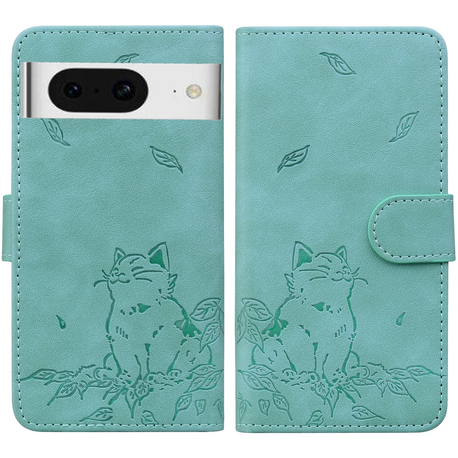 

For Google Pixel 8 Case Wallet Cat Pattern Imprinted Leather Phone Cover Green