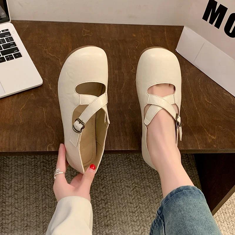 Fashion Women Ballets Flats Shoes Real Leather Cross Strap Classic Ballerinas Low Heels Shoes Casual Daily Dress