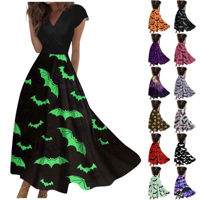 Długa Sukienka Damska Sukienka Maxi Sukienka Codzienna Codzienna z Krótkim Rękawem Dekolt w Serek Boho Talia Halloween Sukienka z Nadrukiem