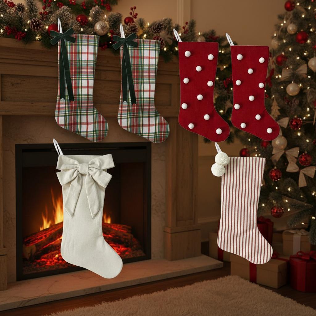 4-Pack Rustic Plaid Christmas Stockings With Bow & Pom-Pom Holiday Fireplace Mantel Decor Candy Bags Farmhouse Home Decoration